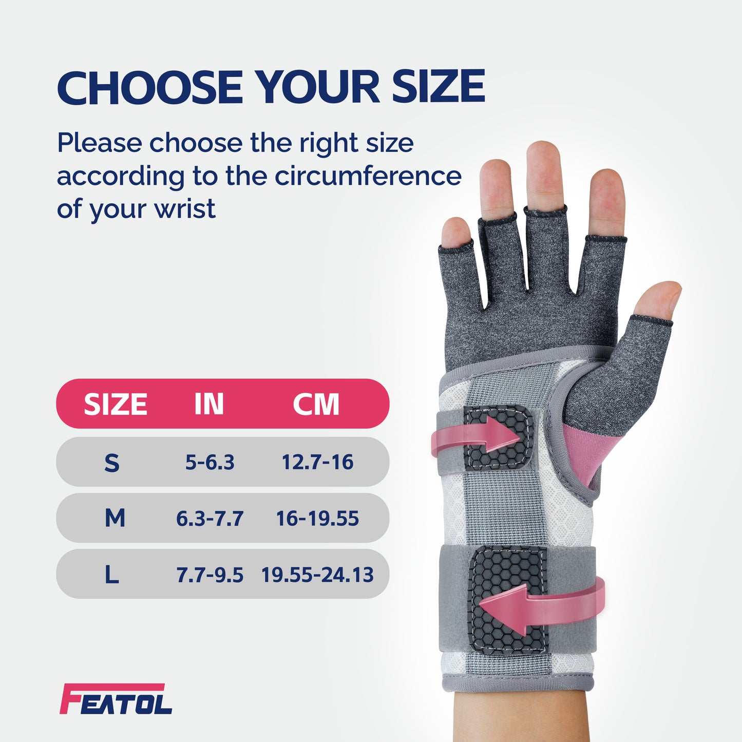 Size chart: S fits 5–6.3" (12.7–16cm), M 6.3–7.7" (16–19.55cm), L 7.7–9.5" (19.55–24.13cm) wrist circumference.