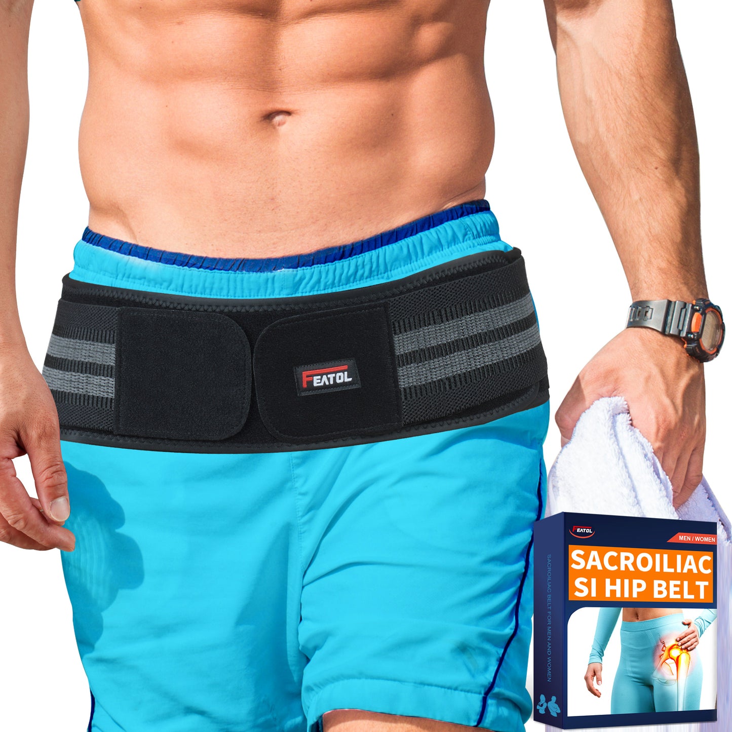 FEATOL SI hip belt worn by man, supporting sacroiliac joint pain relief.