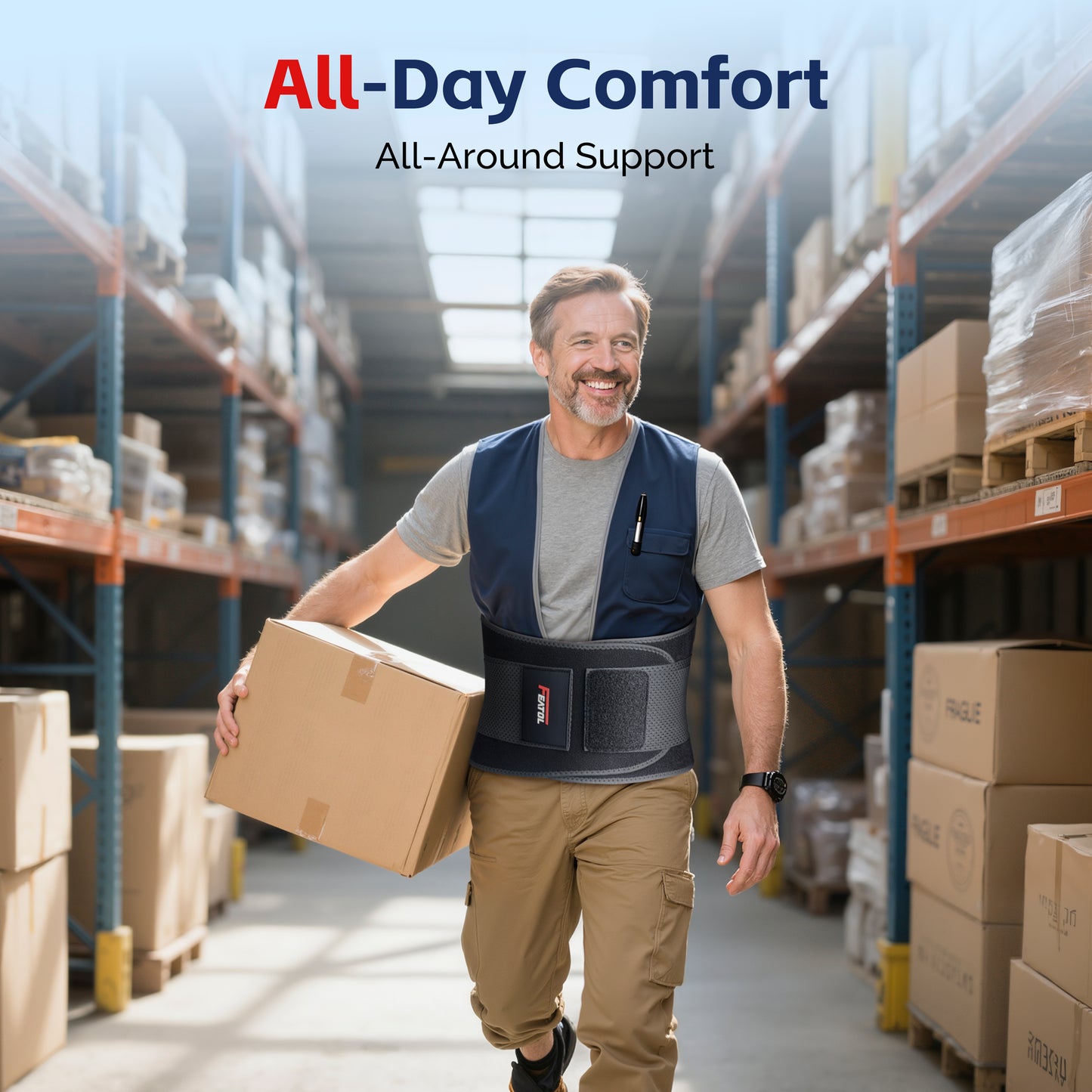 Man smiling while carrying a heavy cardboard box in a warehouse, wearing FEATOL back brace for all-day comfort and all-around lumbar support during heavy lifting and physical work