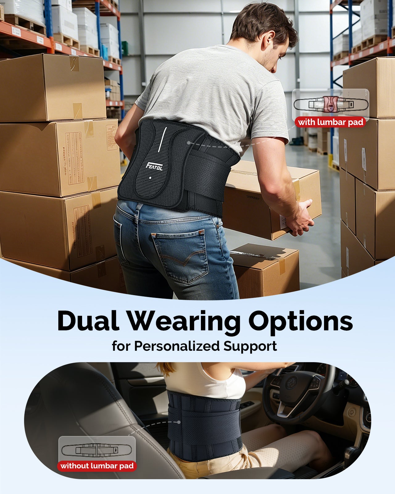 Man lifting boxes in warehouse wearing FEATOL brace with lumbar pad; seated driver wearing it without.