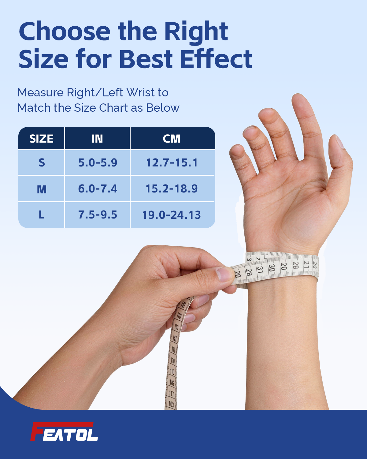 Hands measuring wrist with tape to choose correct size wrist brace, ensuring optimal support and fit.