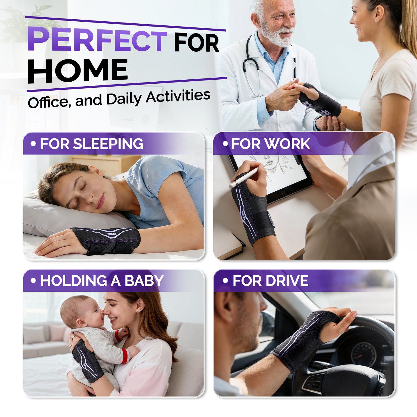 Wrist brace worn across four daily scenarios: sleeping, working, holding a baby, and driving.