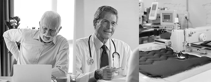 FEATOL brand story showing back pain patient orthopedic doctor consultation and brace manufacturing process
