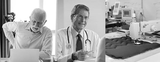 FEATOL brand story showing back pain patient orthopedic doctor consultation and brace manufacturing process