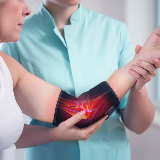 Wearing a brace with heat and anatomy overlay showing tendonitis inflammation