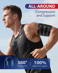 Athlete wearing the black upper-arm brace for 360-degree compression during training.