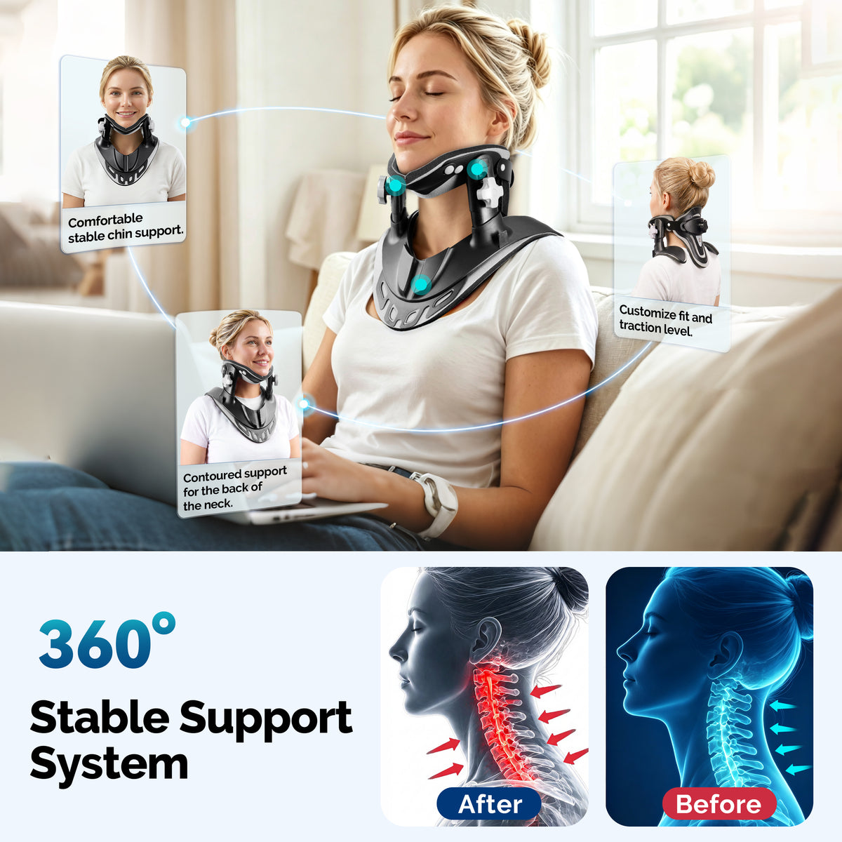 Woman wearing the FEATOL cervical traction device with callouts for chin support, rear neck support, and adjustment points.