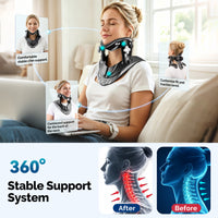 Woman wearing the FEATOL cervical traction device with callouts for chin support, rear neck support, and adjustment points.