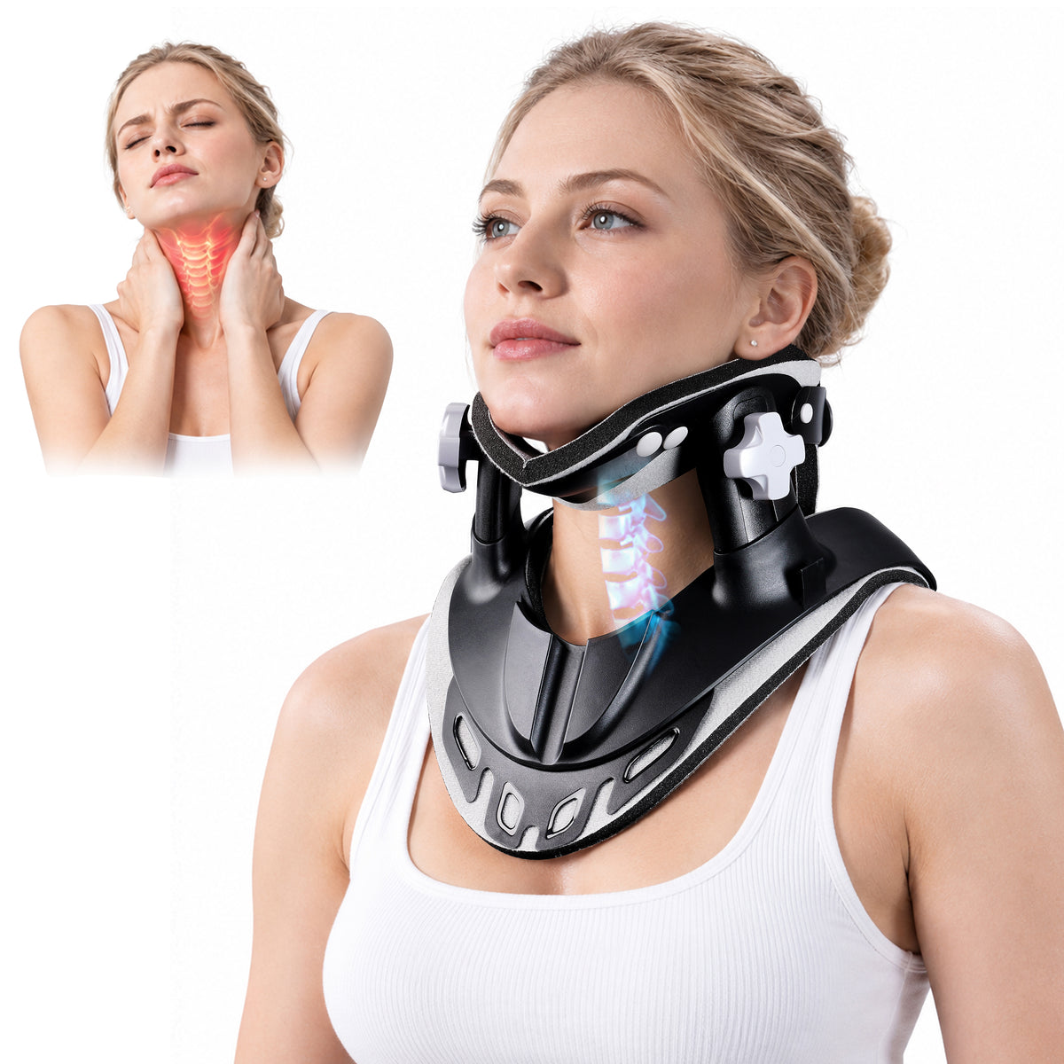 Woman wearing a black FEATOL cervical traction device with chin, neck, and shoulder support.