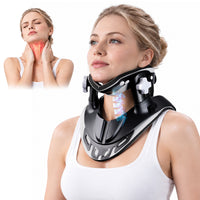 Woman wearing a black FEATOL cervical traction device with chin, neck, and shoulder support.