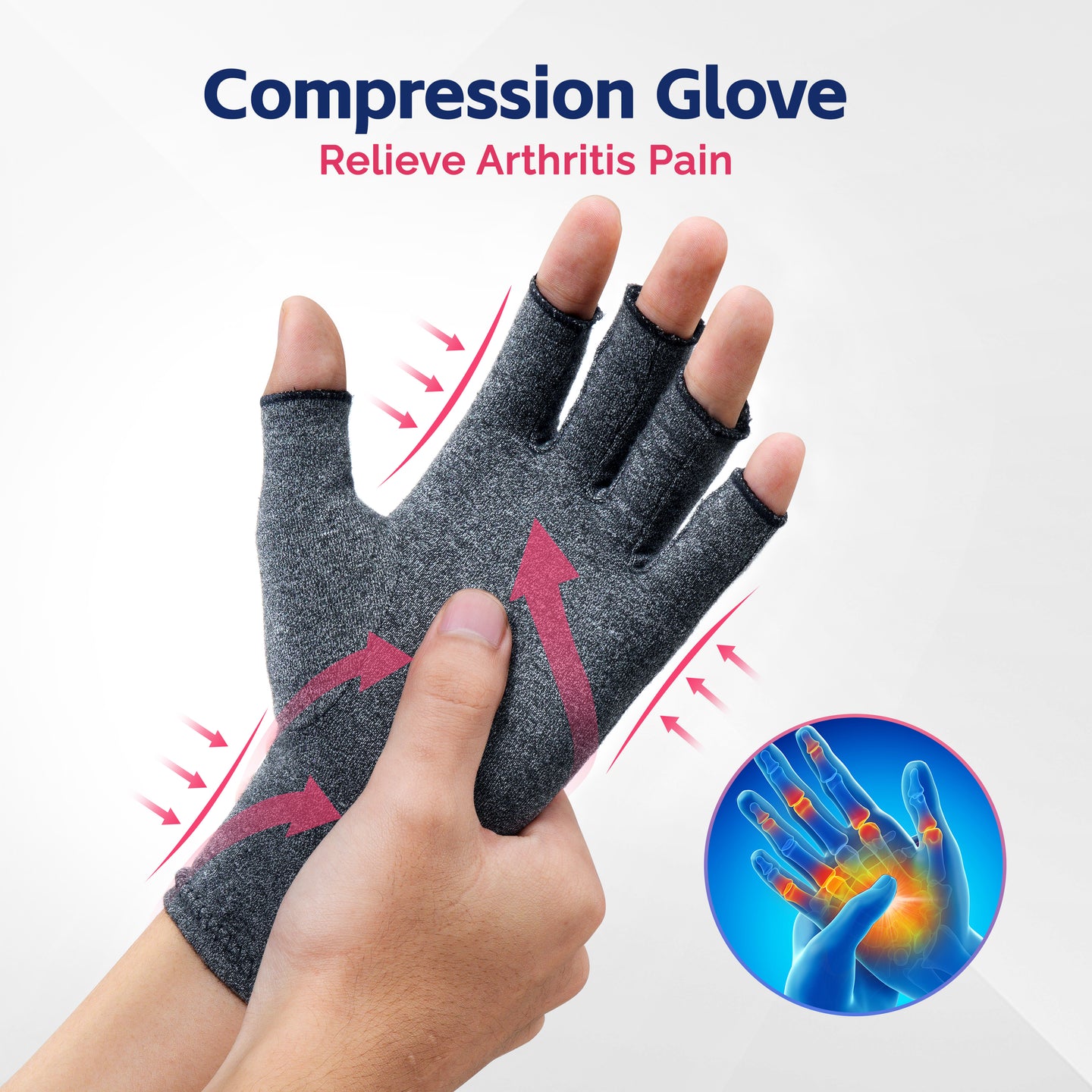 Compression glove with directional arrows showing full-hand pressure relief for arthritis joint pain.