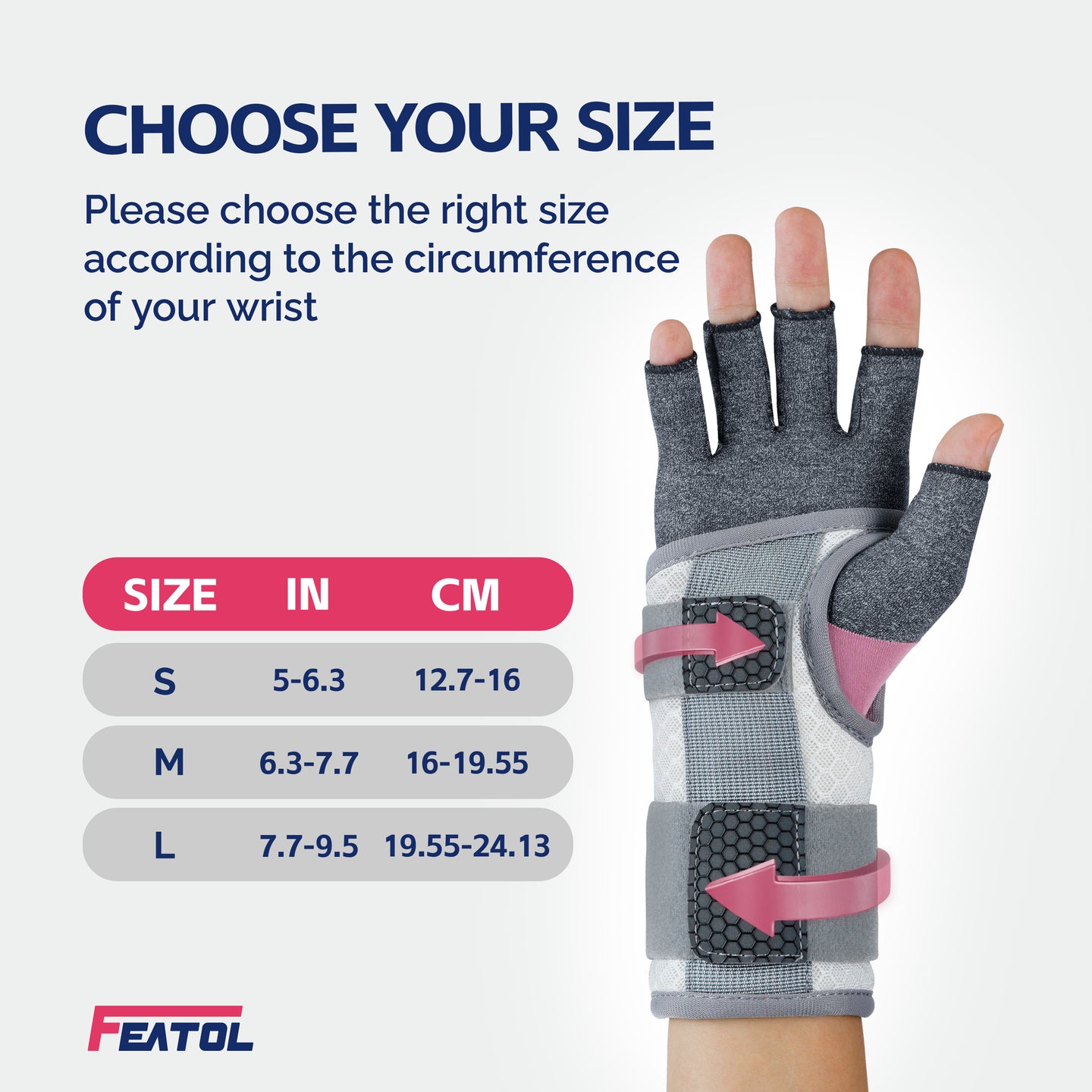 Size chart: S fits 5–6.3" (12.7–16cm), M 6.3–7.7" (16–19.55cm), L 7.7–9.5" (19.55–24.13cm) wrist circumference.