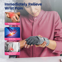 Woman wearing arthritis glove and wrist brace, with indications for tendinitis, arthritis, and carpal tunnel.