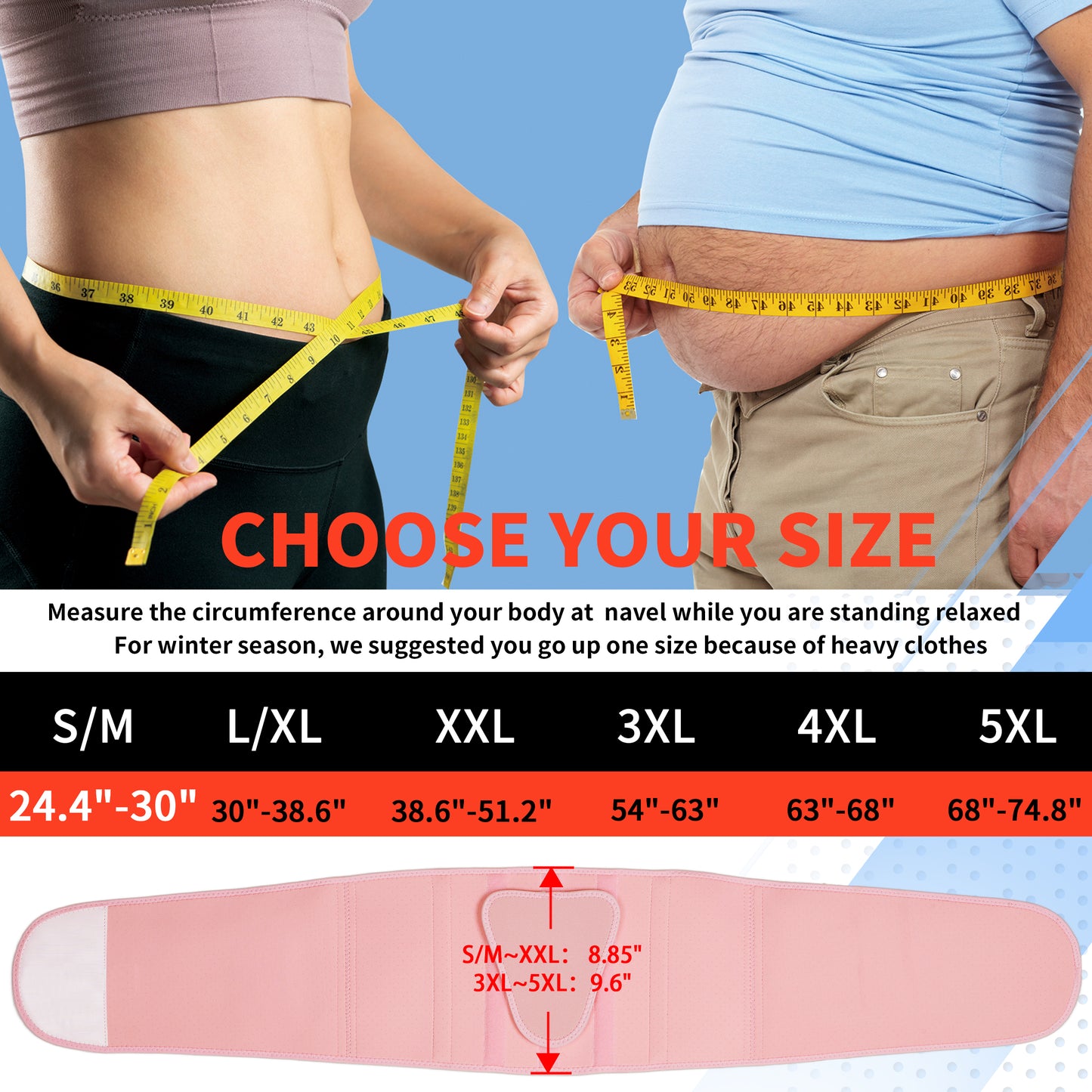 Size chart S/M to 5XL with navel measurement guide; brace width 8.85" for S–XXL, 9.6" for 3XL–5XL.