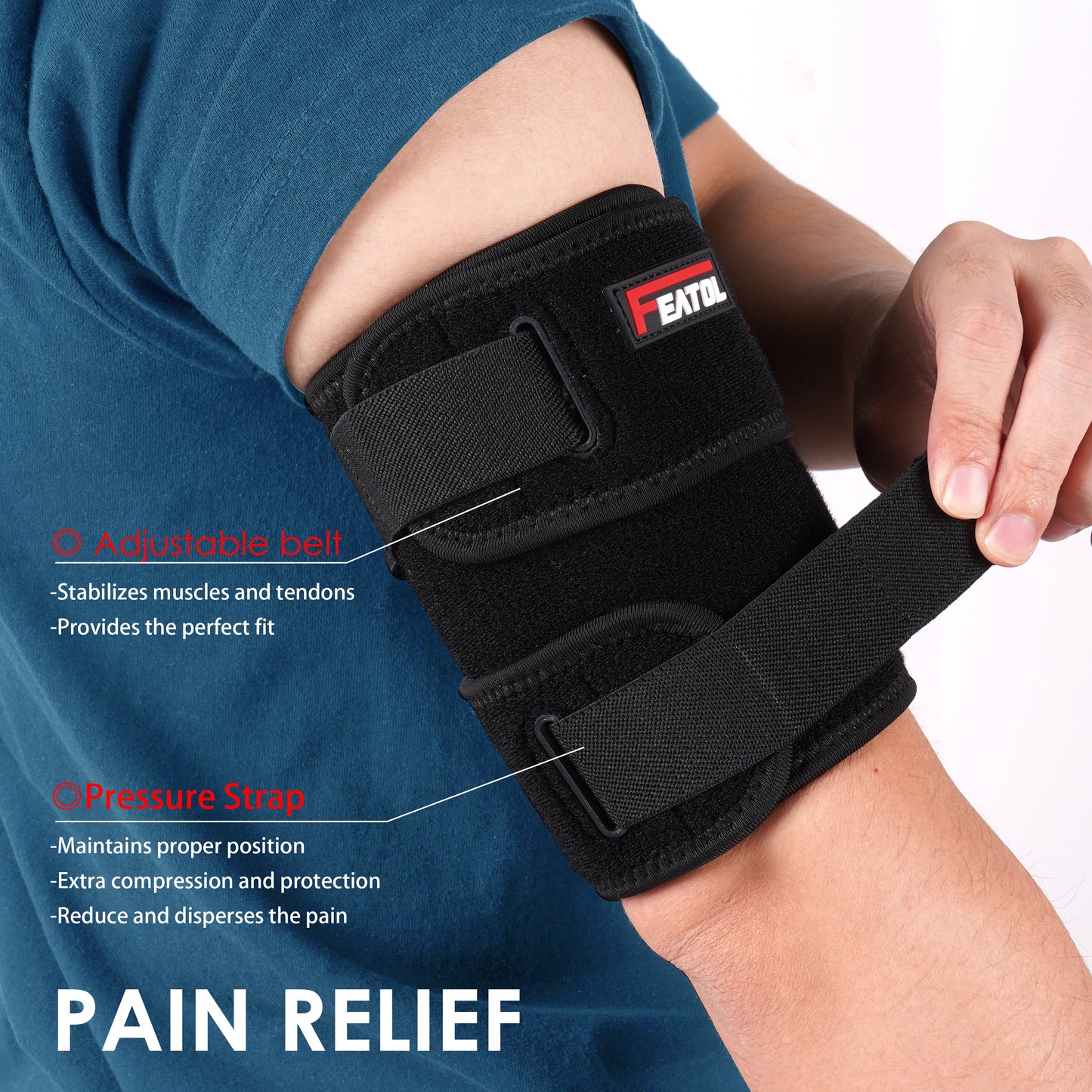 Upper arm brace close-up showing adjustable belt for muscle stabilization and pressure strap for pain dispersion.