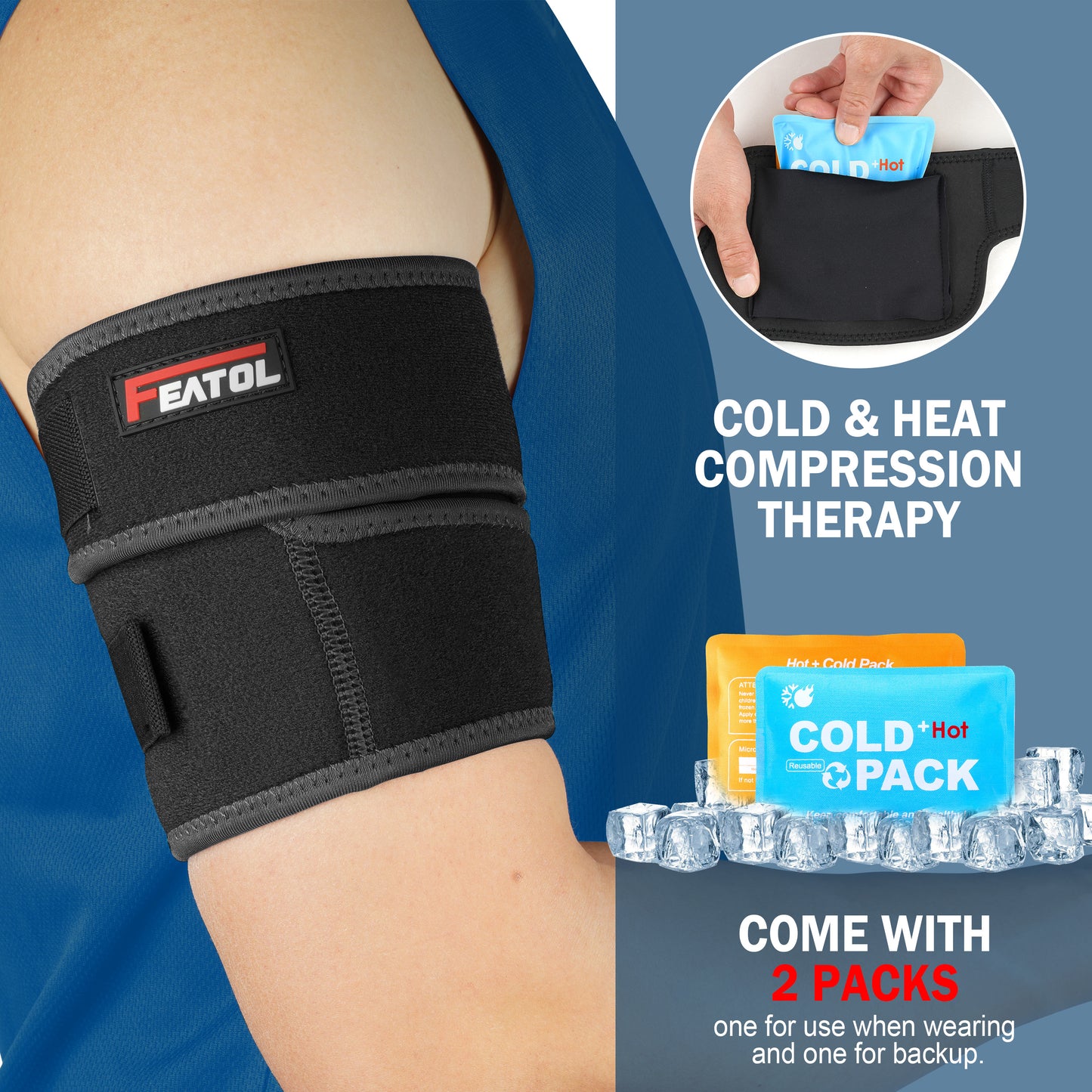 Bicep brace with gel pack inserted into inner pocket; comes with 2 packs — one in use, one backup.