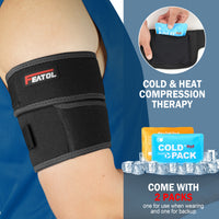 Bicep brace with gel pack inserted into inner pocket; comes with 2 packs — one in use, one backup.