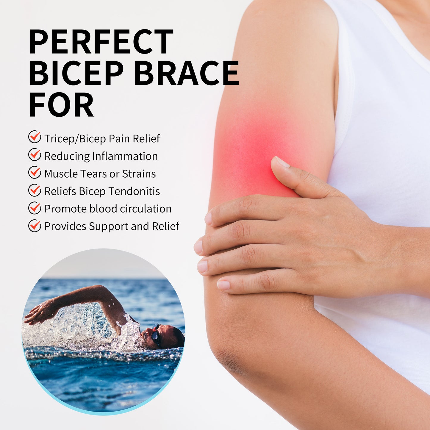 Inflamed upper arm with 6-point checklist: bicep tendonitis, muscle tears, inflammation, and circulation support.