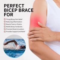 Inflamed upper arm with 6-point checklist: bicep tendonitis, muscle tears, inflammation, and circulation support.