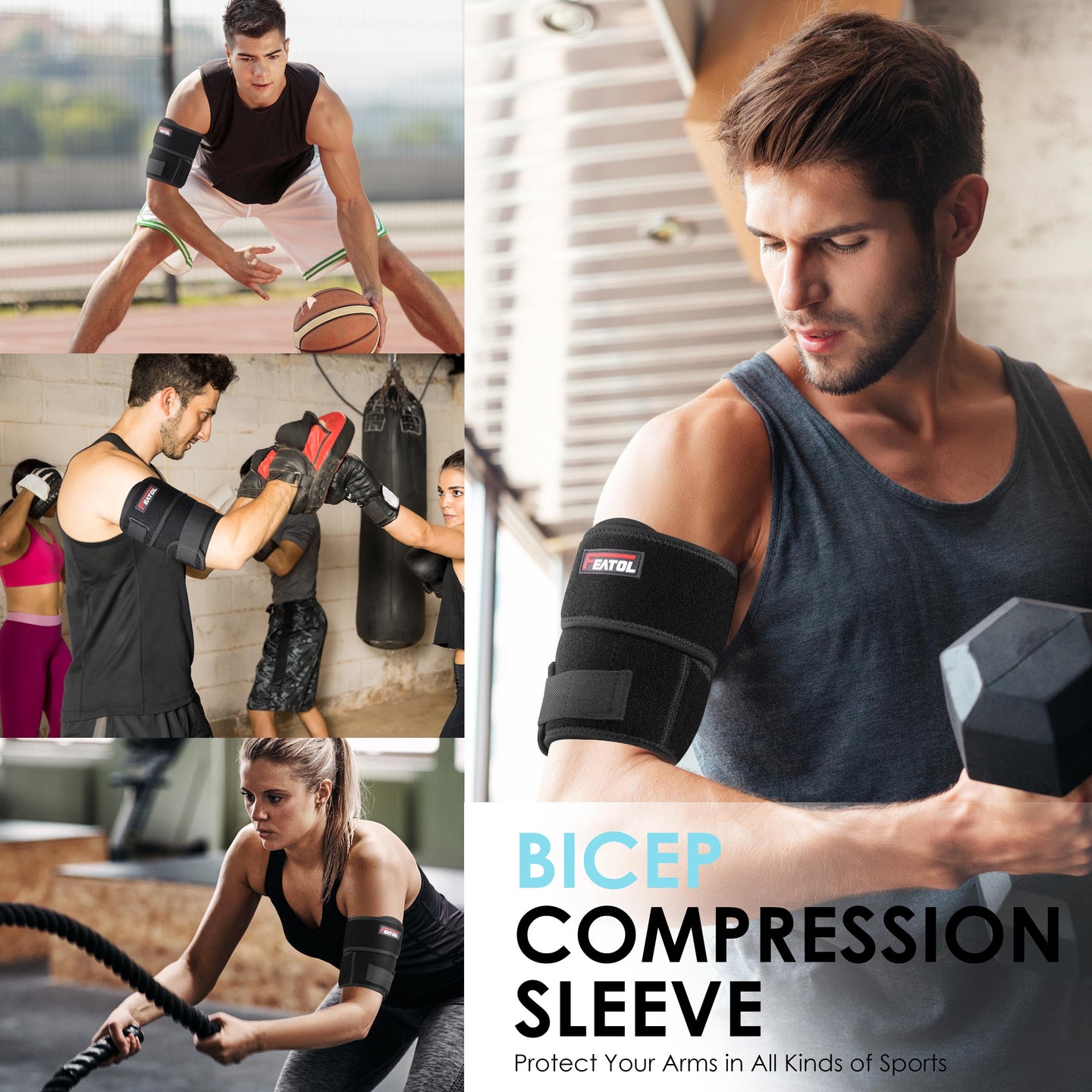 Bicep compression sleeve worn across basketball, boxing, battle rope, and weightlifting training scenes.