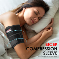 Woman sleeping peacefully with FEATOL bicep compression sleeve worn on upper arm for all-day comfort.
