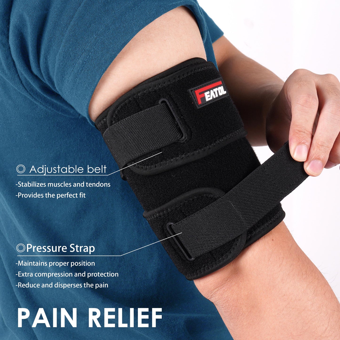 Upper arm brace with adjustable belt and pressure strap callouts for muscle stabilization and pain dispersion.