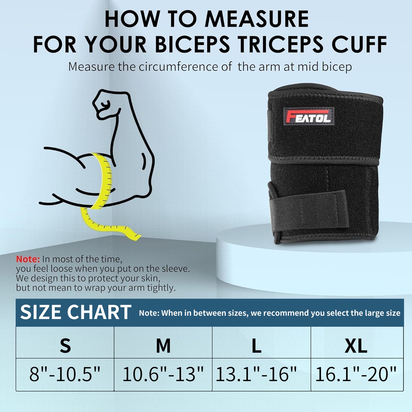 Size chart: S 8–10.5", M 10.6–13", L 13.1–16", XL 16.1–20" mid-bicep circumference. Illustration shows how to measure.