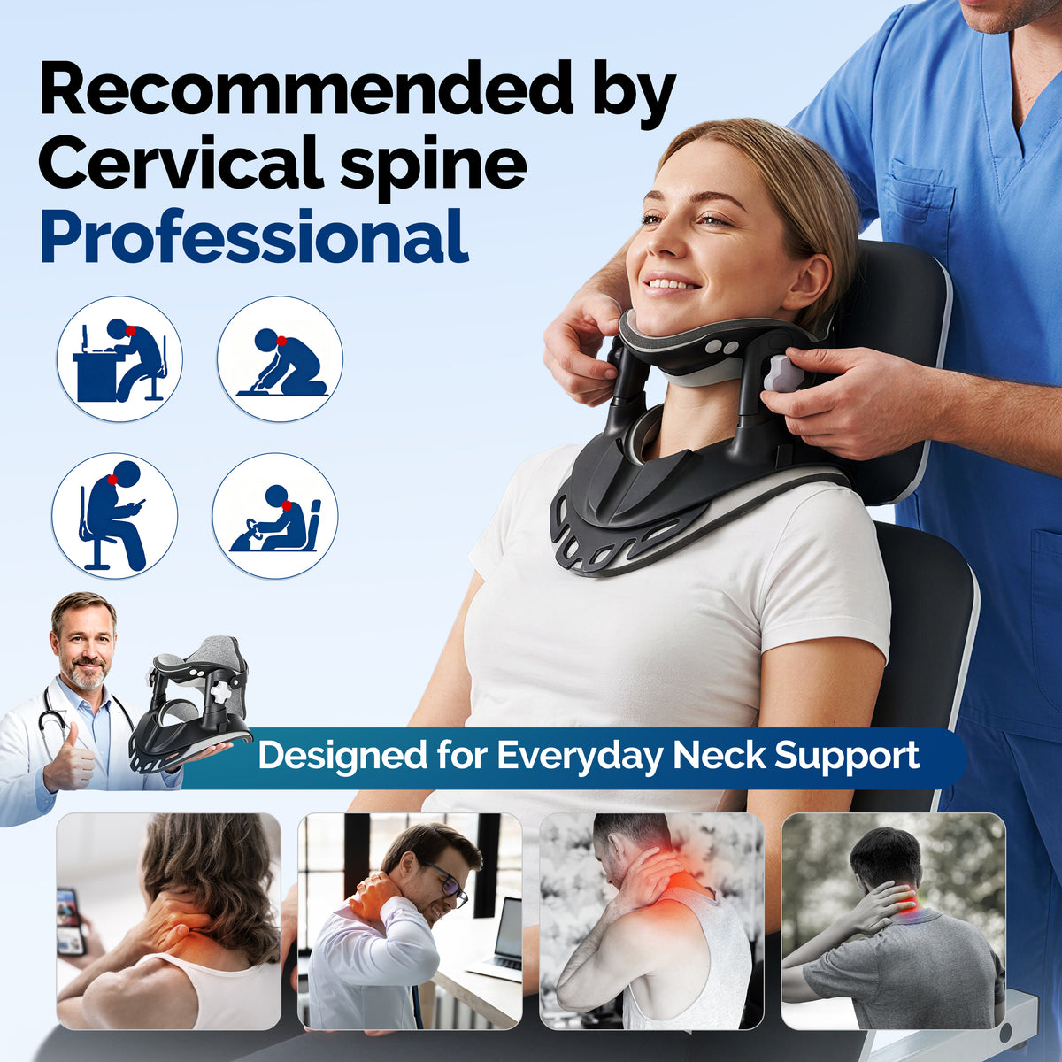 Person in blue scrubs adjusting a seated woman's cervical traction device.