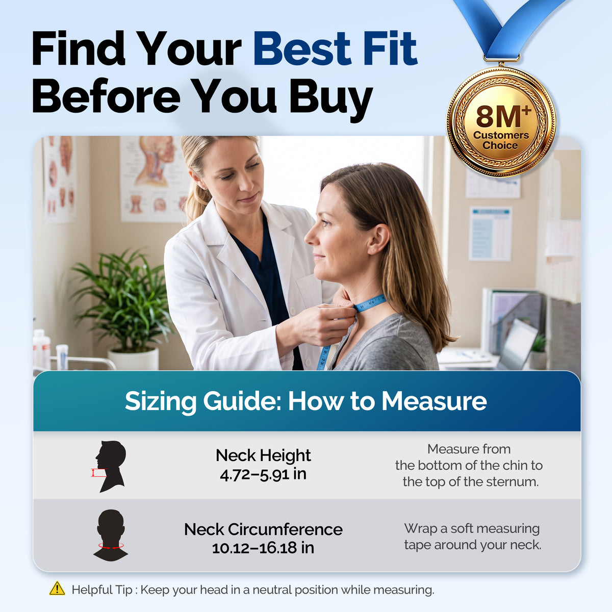 Sizing guide showing how to measure neck height and neck circumference for cervical traction device fit.