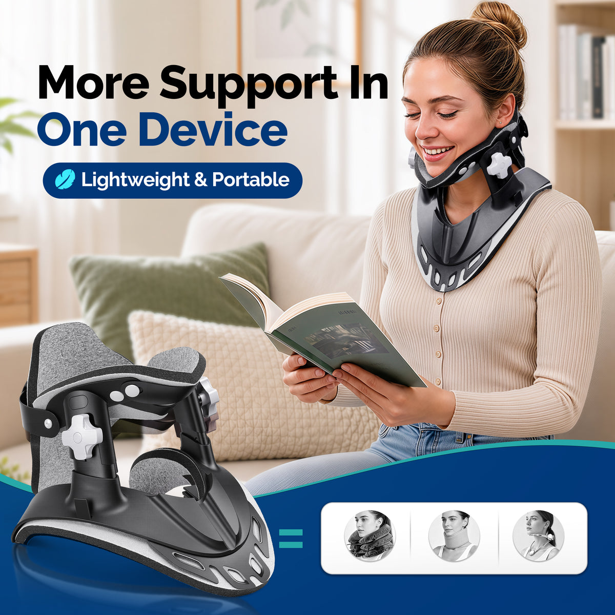 Woman seated at home reading while wearing the FEATOL cervical traction device, with the device shown in the foreground.