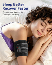 Sleeper wearing the black upper-arm brace for overnight support.