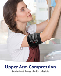 Woman wearing the black upper-arm brace while reaching into a cabinet.