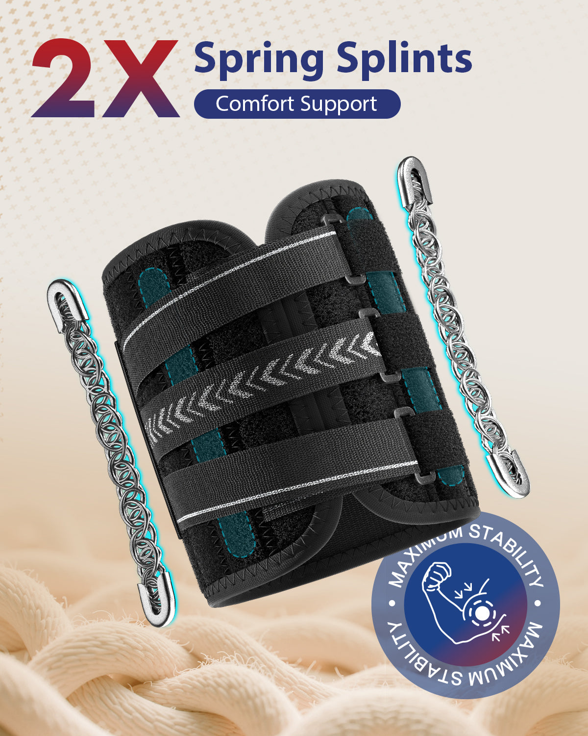 Open upper-arm brace showing two spring splints and adjustable compression straps.