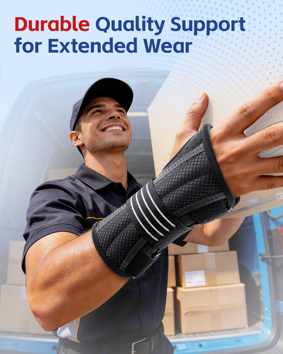 Delivery worker wearing black wrist brace while lifting boxes, providing durable and long-lasting wrist support.