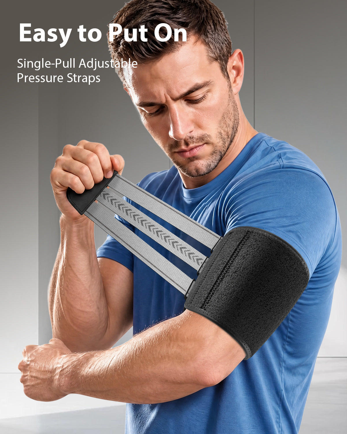 Man tightening the single-pull straps for a customized upper-arm fit
