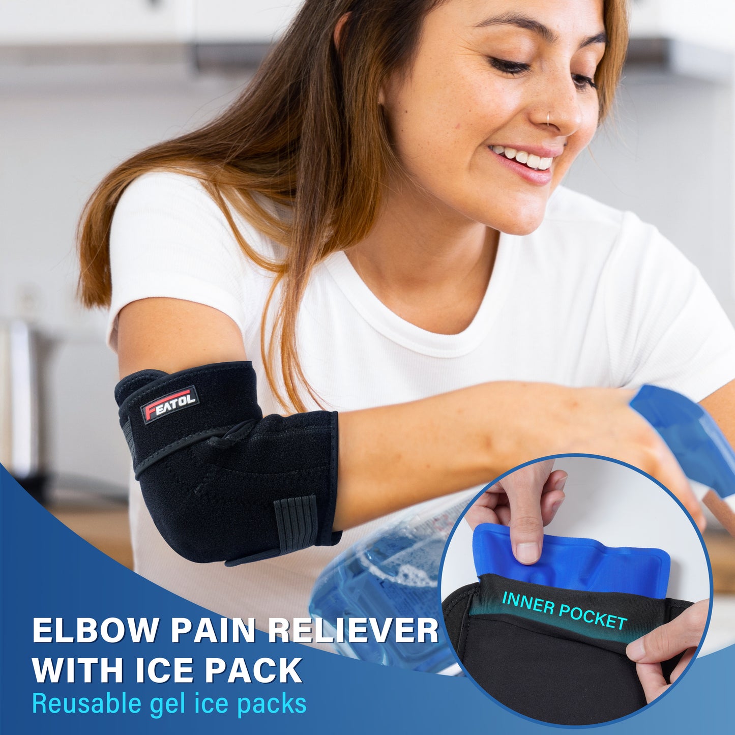 Woman smiling while inserting reusable gel ice pack into elbow brace inner pocket for at-home pain relief.