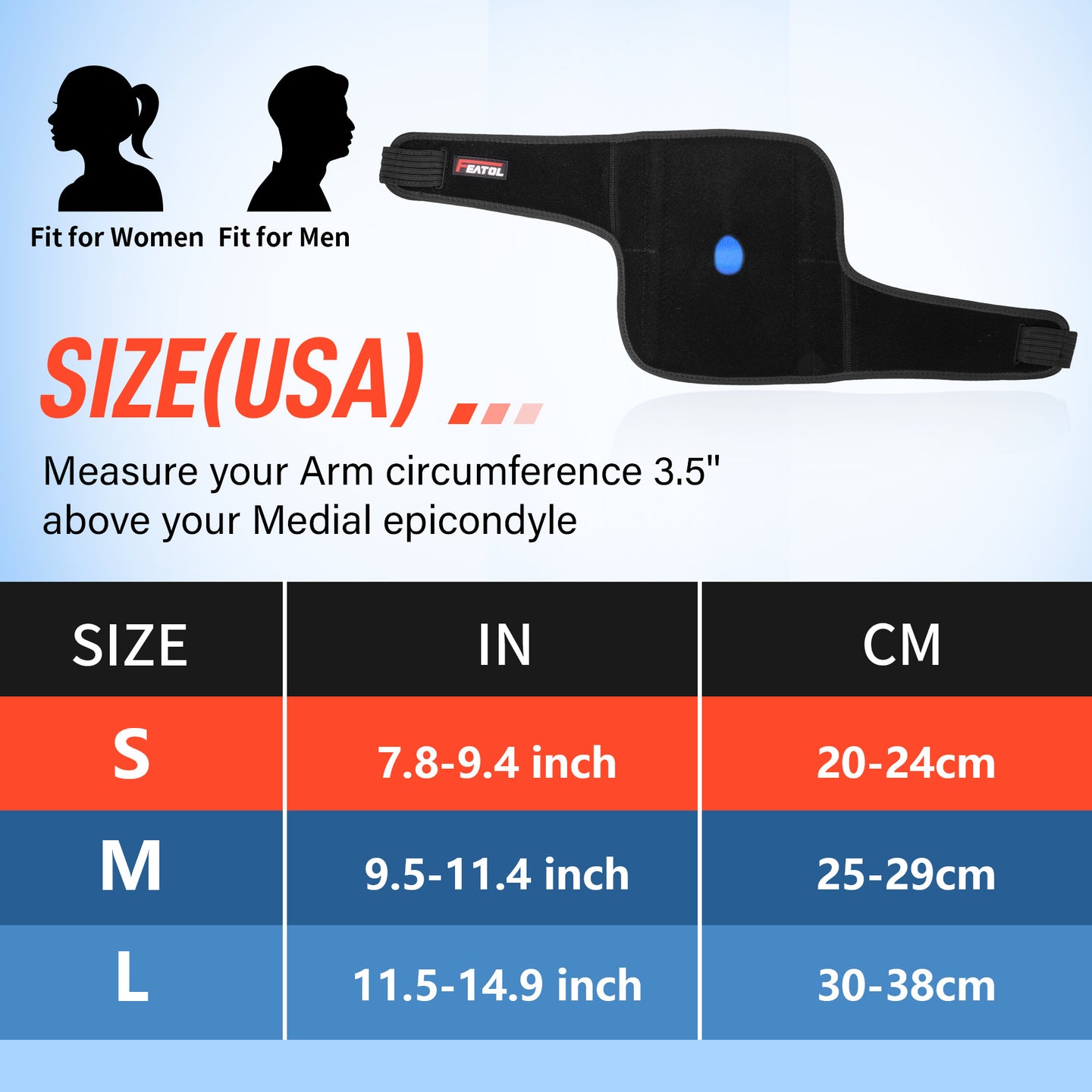 Size chart: S 7.8–9.4" (20–24cm), M 9.5–11.4" (25–29cm), L 11.5–14.9" (30–38cm) arm circumference.