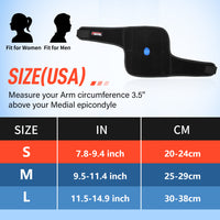 Size chart: S 7.8–9.4" (20–24cm), M 9.5–11.4" (25–29cm), L 11.5–14.9" (30–38cm) arm circumference.