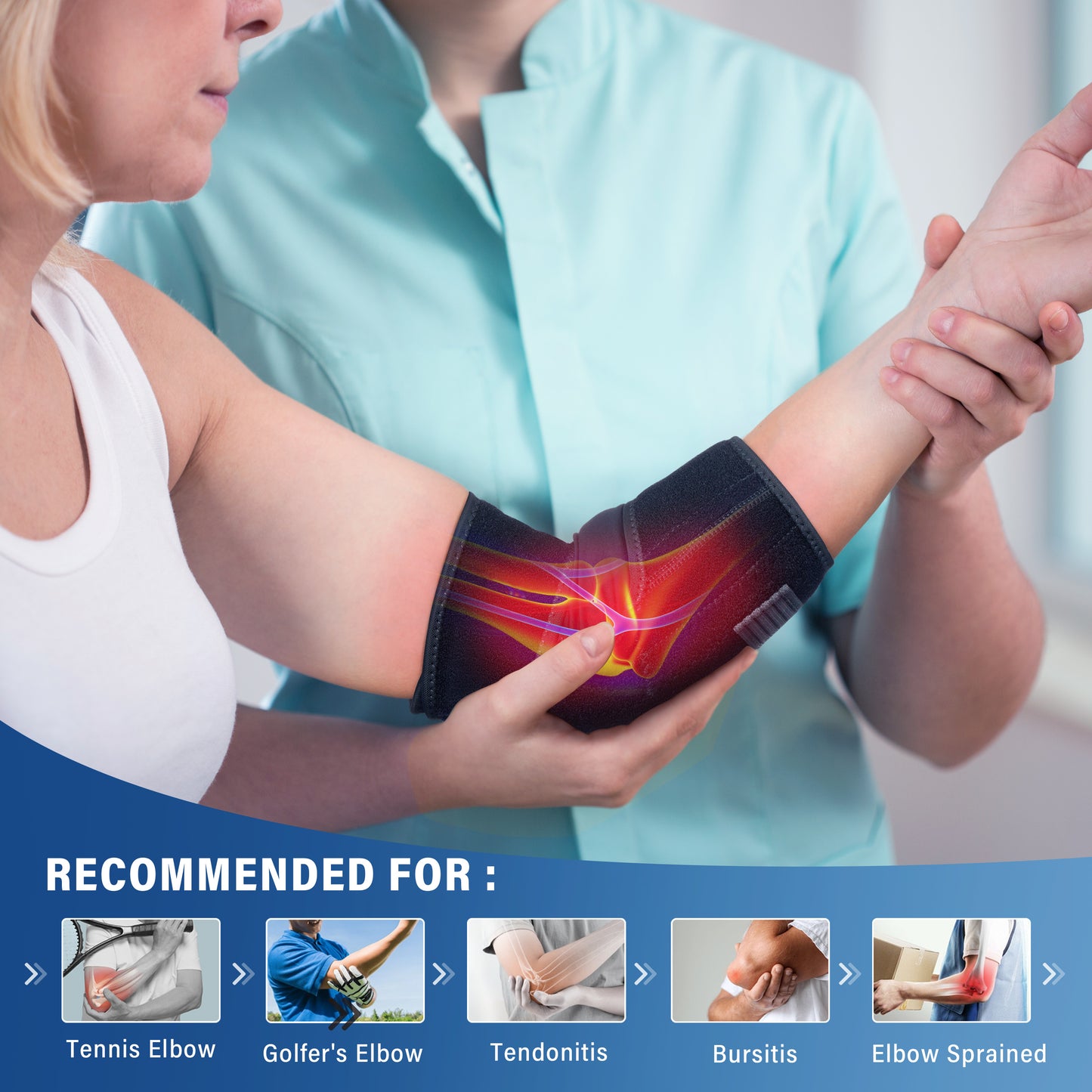 Elbow brace with heat map overlay shown during physio session, for tennis elbow, tendonitis, and bursitis.