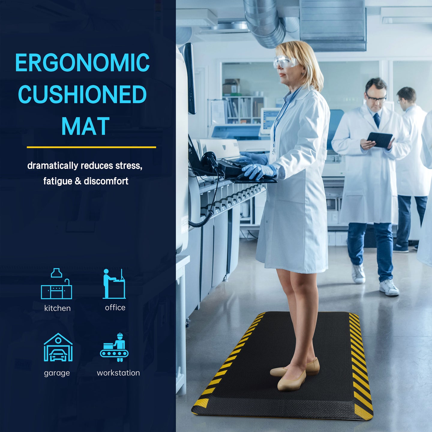 Female scientist standing on black anti-fatigue mat in laboratory, with icons showing use cases: kitchen, office, garage, and workstation