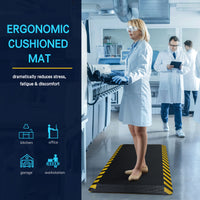 Female scientist standing on black anti-fatigue mat in laboratory, with icons showing use cases: kitchen, office, garage, and workstation
