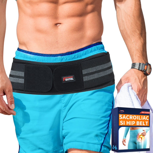 FEATOL SI hip belt worn by man, supporting sacroiliac joint pain relief.