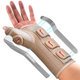 FEATOL beige wrist and thumb brace worn on left hand, with dual aluminum splints highlighted.