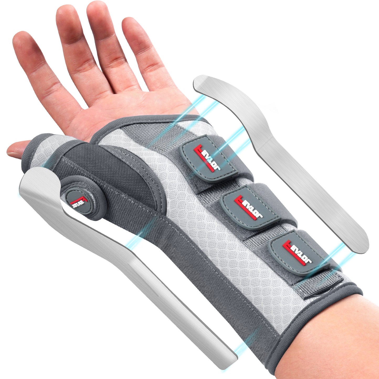FEATOL pink wrist and thumb brace worn on left hand, with dual aluminum splints highlighted.
