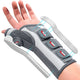 FEATOL pink wrist and thumb brace worn on left hand, with dual aluminum splints highlighted.