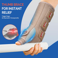 FEATOL beige thumb brace worn while gripping a bar, targeting trigger finger and De Quervain's tenosynovitis relief.