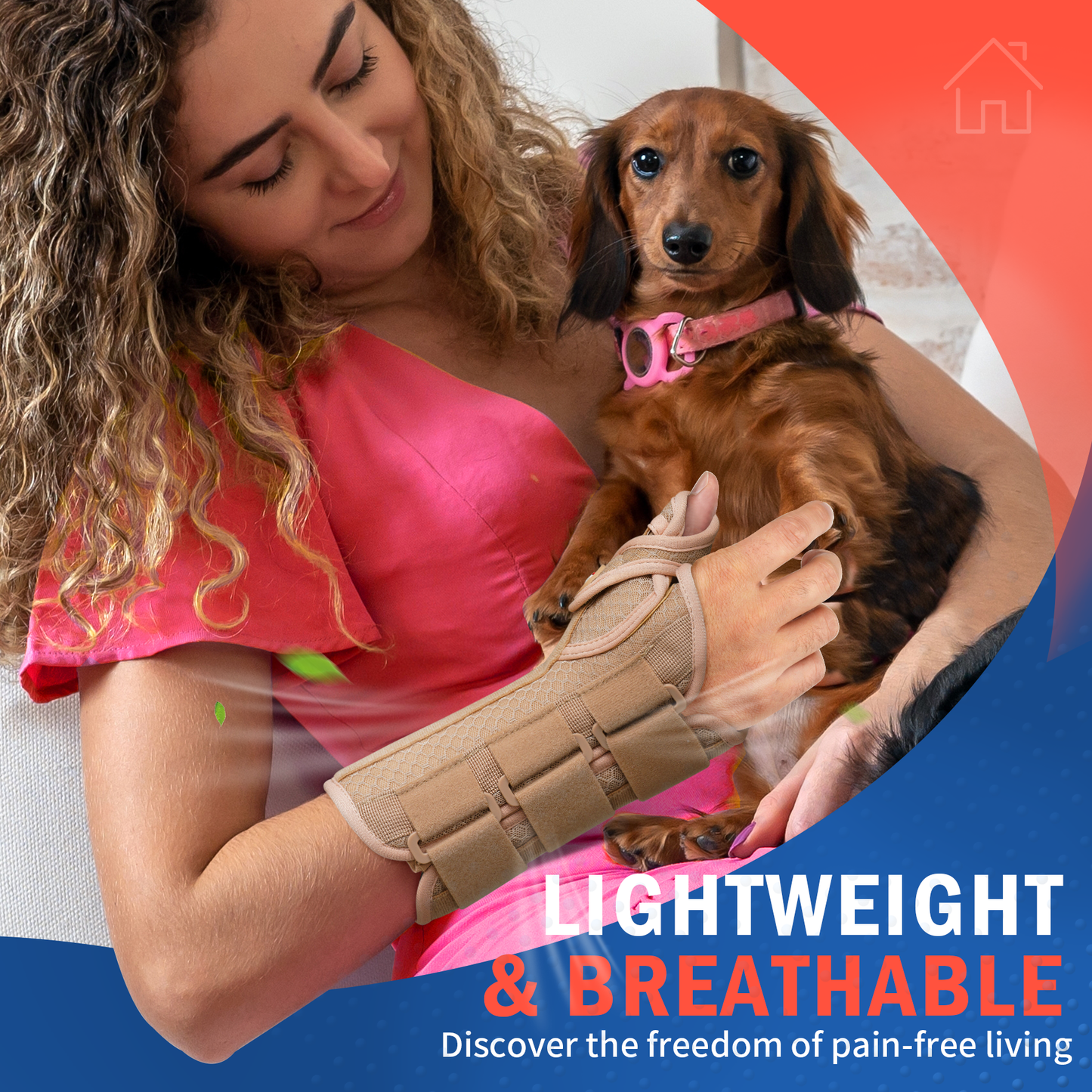 Woman holding a dog while wearing FEATOL beige wrist brace, showcasing lightweight breathable design.