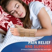 Woman sleeping comfortably wearing FEATOL beige wrist brace for night pain relief and support.