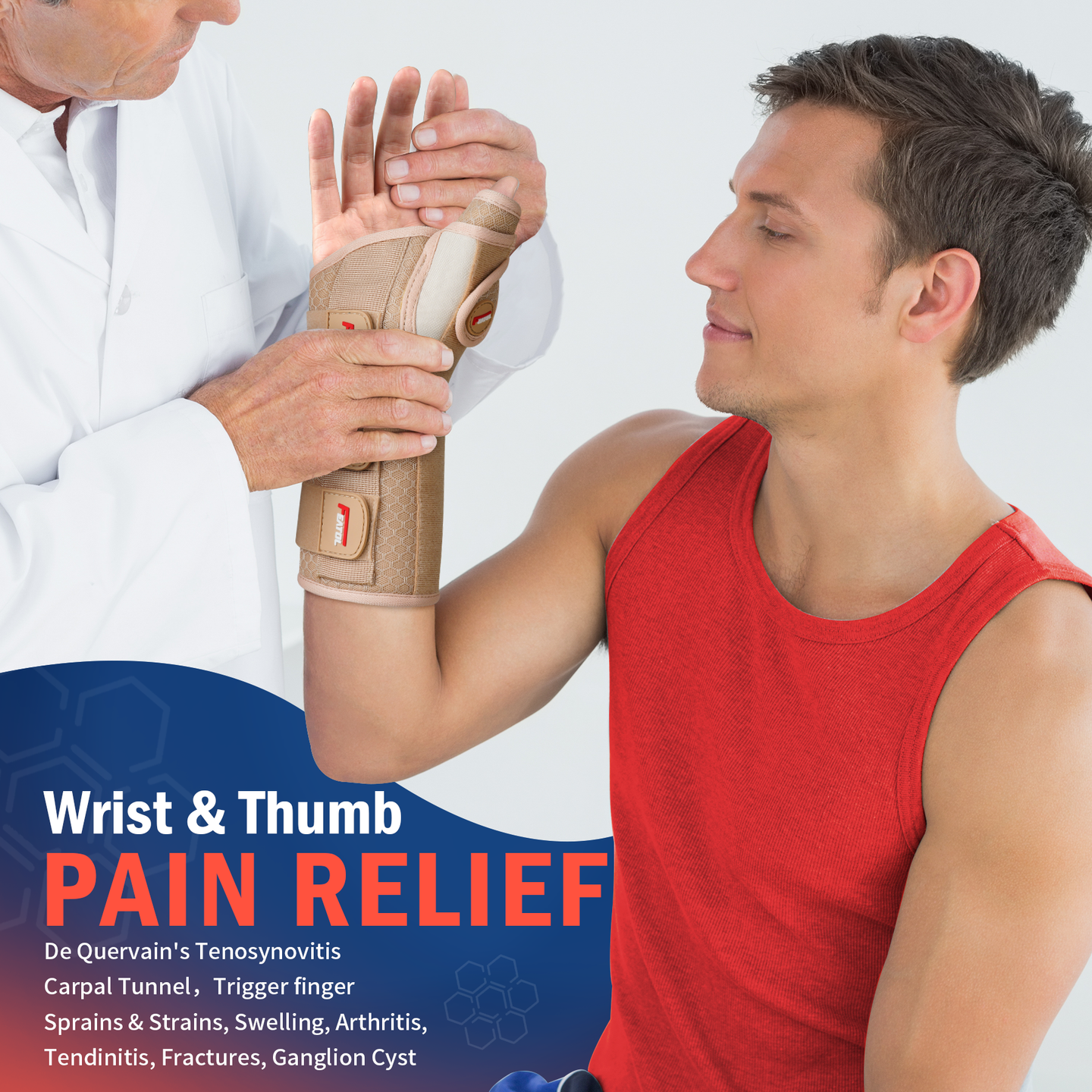 Doctor fitting FEATOL beige wrist and thumb brace on male patient for carpal tunnel and tendinitis relief.