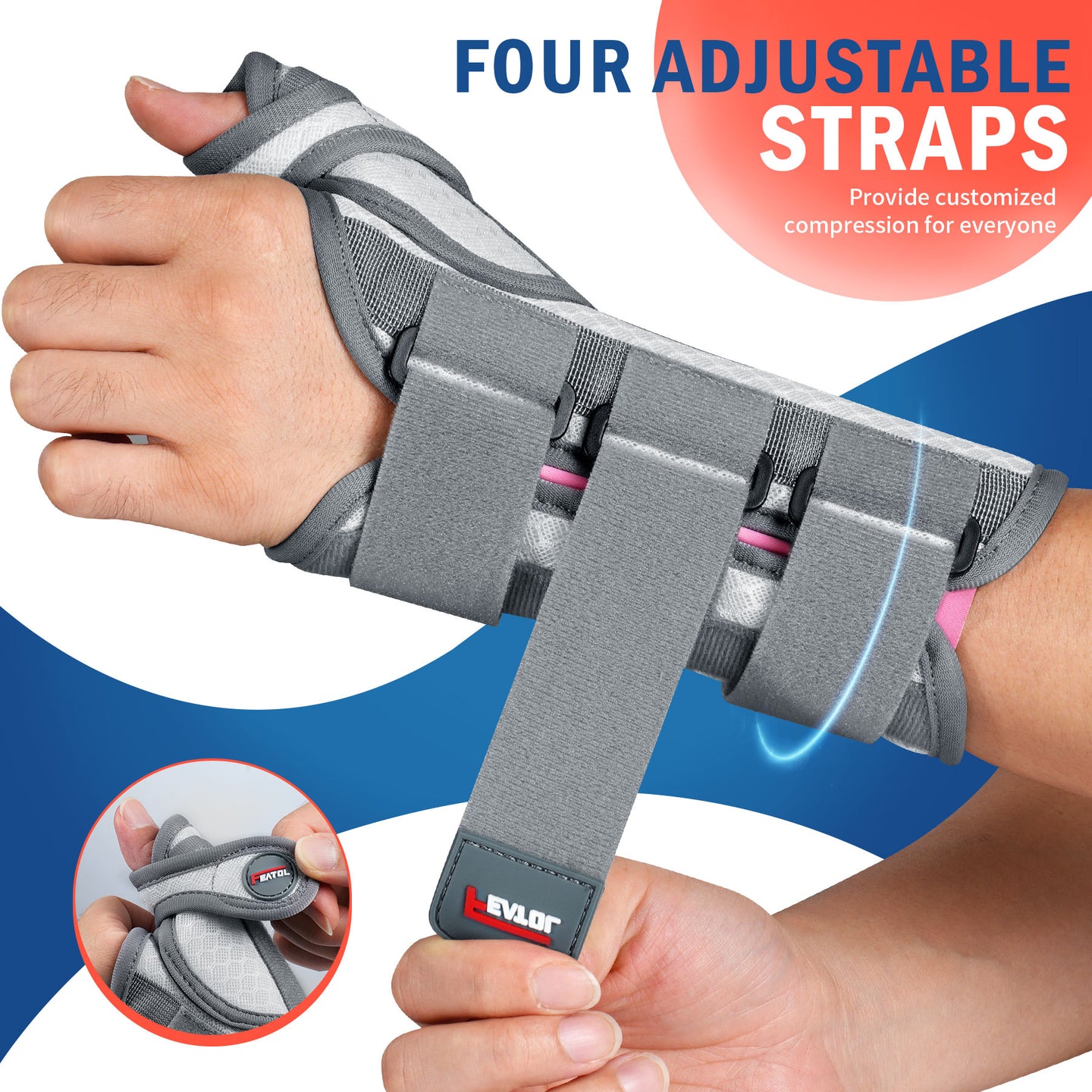 FEATOL pink wrist brace with four adjustable straps for customized compression and secure fit.